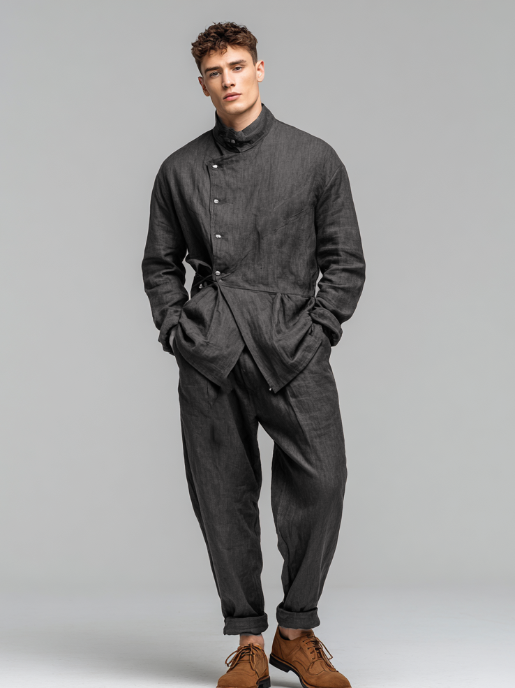 Men's linen stand-up collar suit