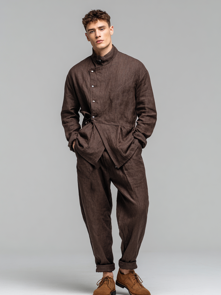 Men's linen stand-up collar suit