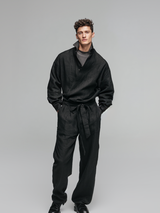 Men's linen stand-up collar jumpsuit