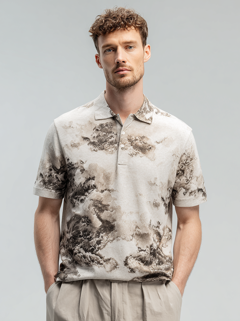 Men's retro misty printed pure cotton T-shirt