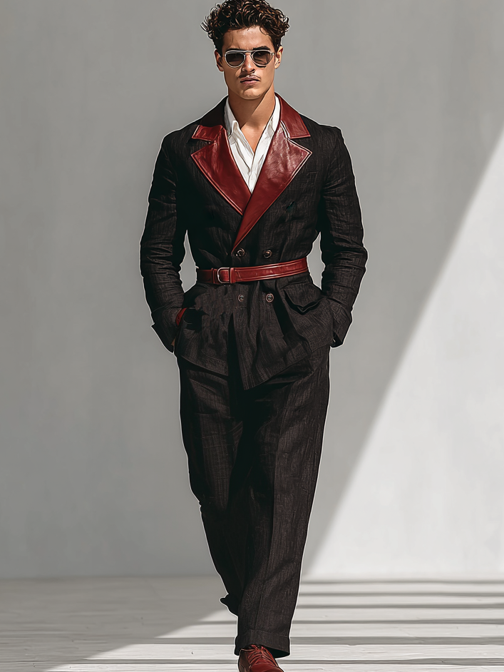 Men's fashionable leather color-blocking and patchwork suit set