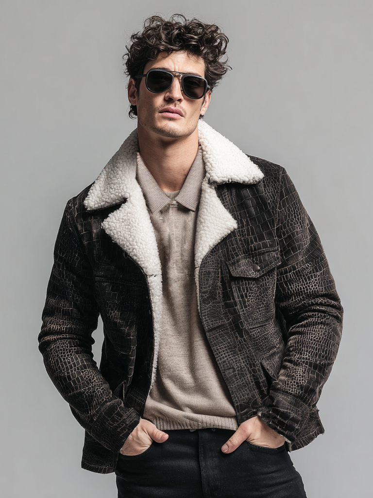 Men's leather-textured plush jacket Men's leather-textured plush jacket