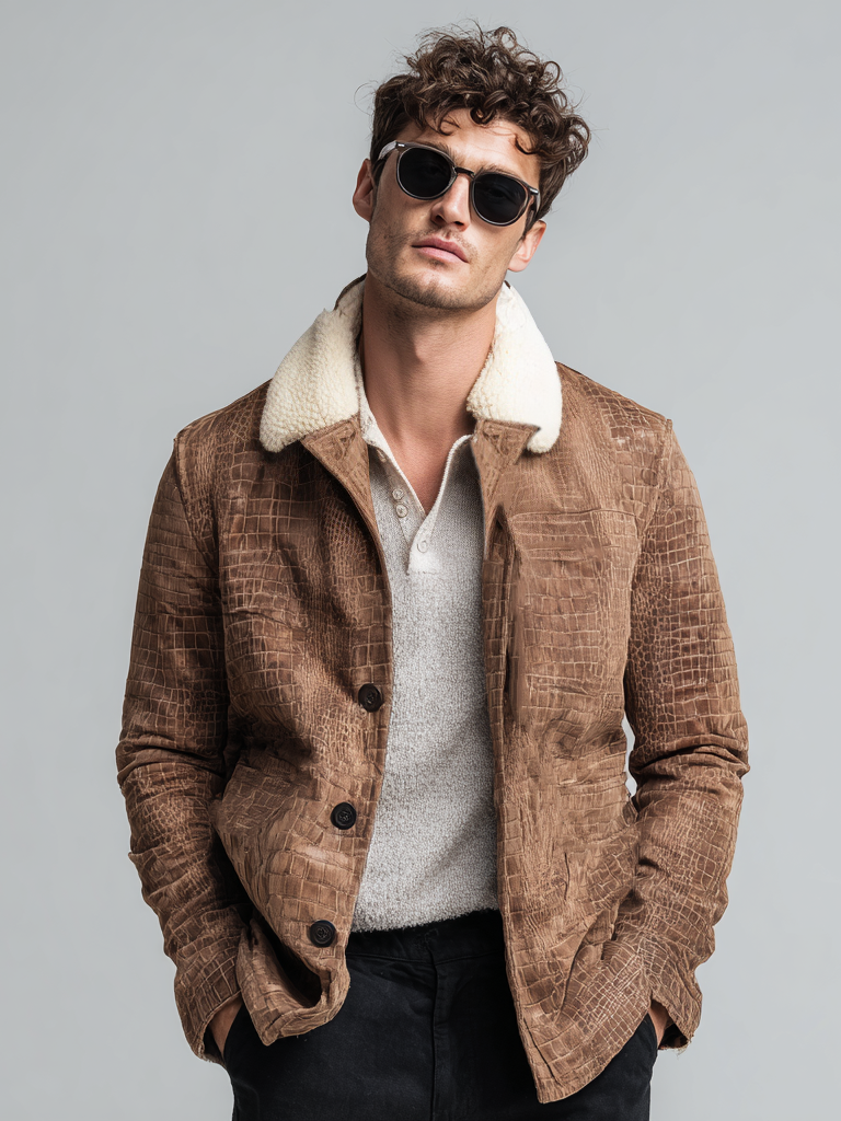 Men's leather-textured plush jacket Men's leather-textured plush jacket