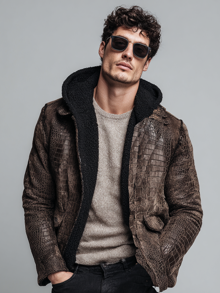 Men's leather-textured hooded plush jacket Men's leather-textured hooded plush jacket