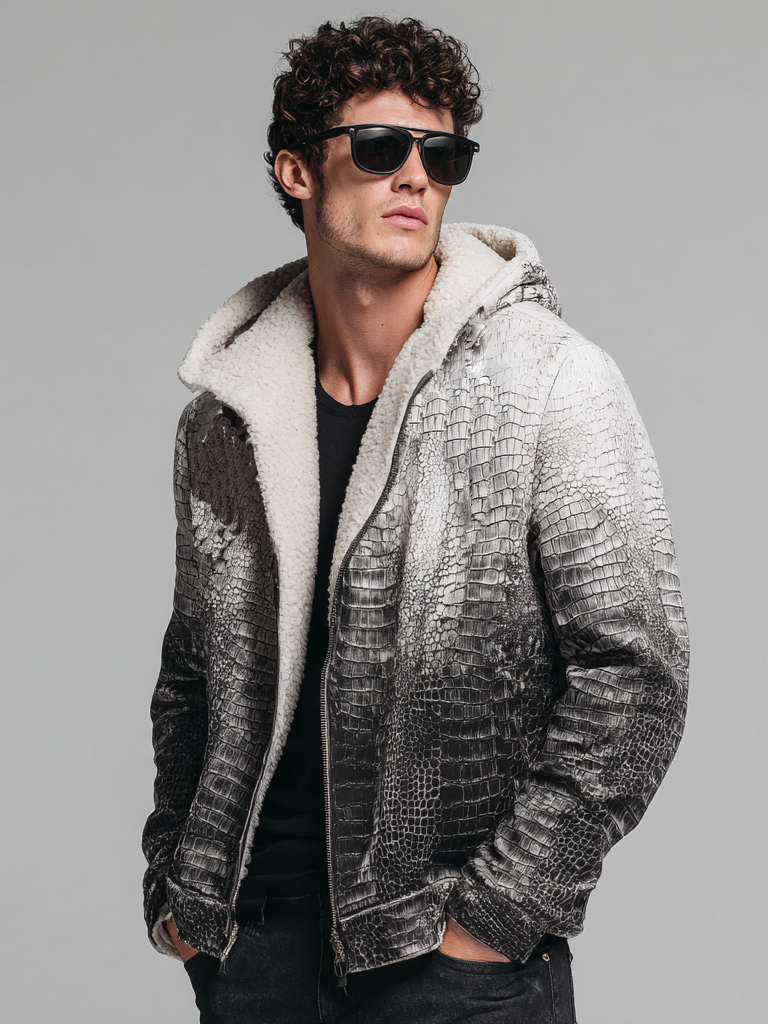 Men's leather-textured hooded plush jacket Men's leather-textured hooded plush jacket