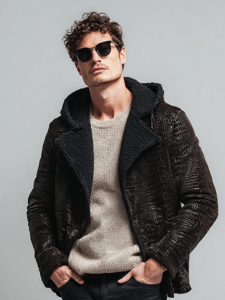 Men's leather-textured hooded plush jacket