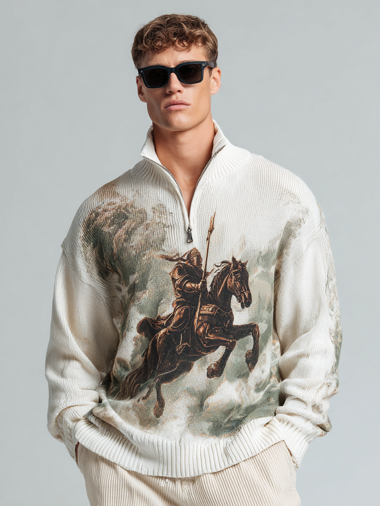 Men's zipped stand-up collar knitted knight print top Men's zipped stand-up collar knitted knight print top