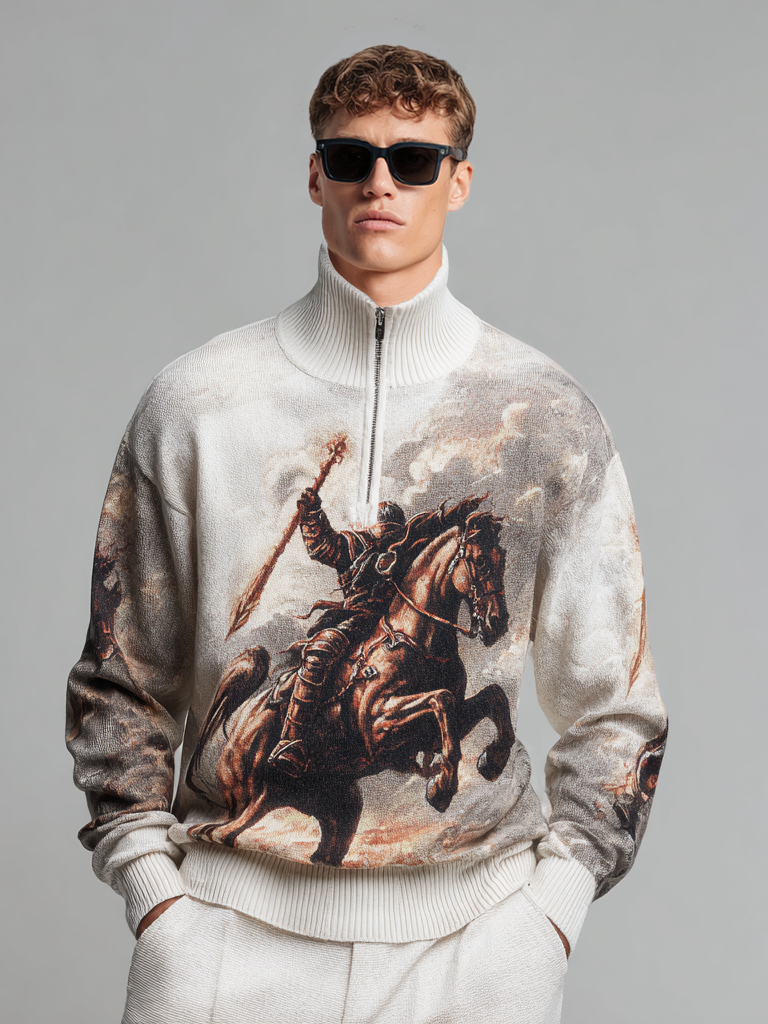 Men's zipped stand-up collar knitted knight print top Men's zipped stand-up collar knitted knight print top