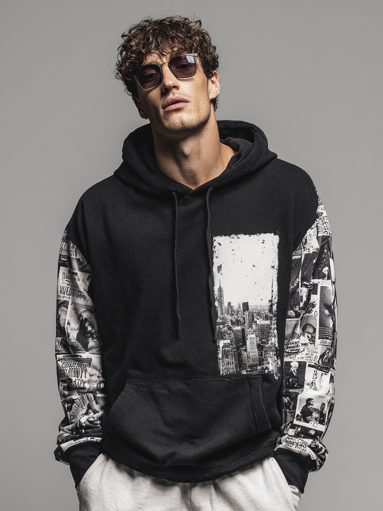 Men's casual photo patchwork printed hooded sweatshirt Men's casual photo patchwork printed hooded sweatshirt