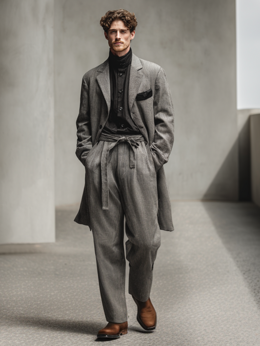Men's cotton and linen color-blocking pocket suit set (with belt) Men's cotton and linen color-blocking pocket suit set (with belt)