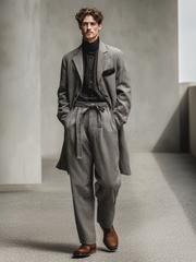 Men's cotton and linen color-blocking pocket suit set (with belt)