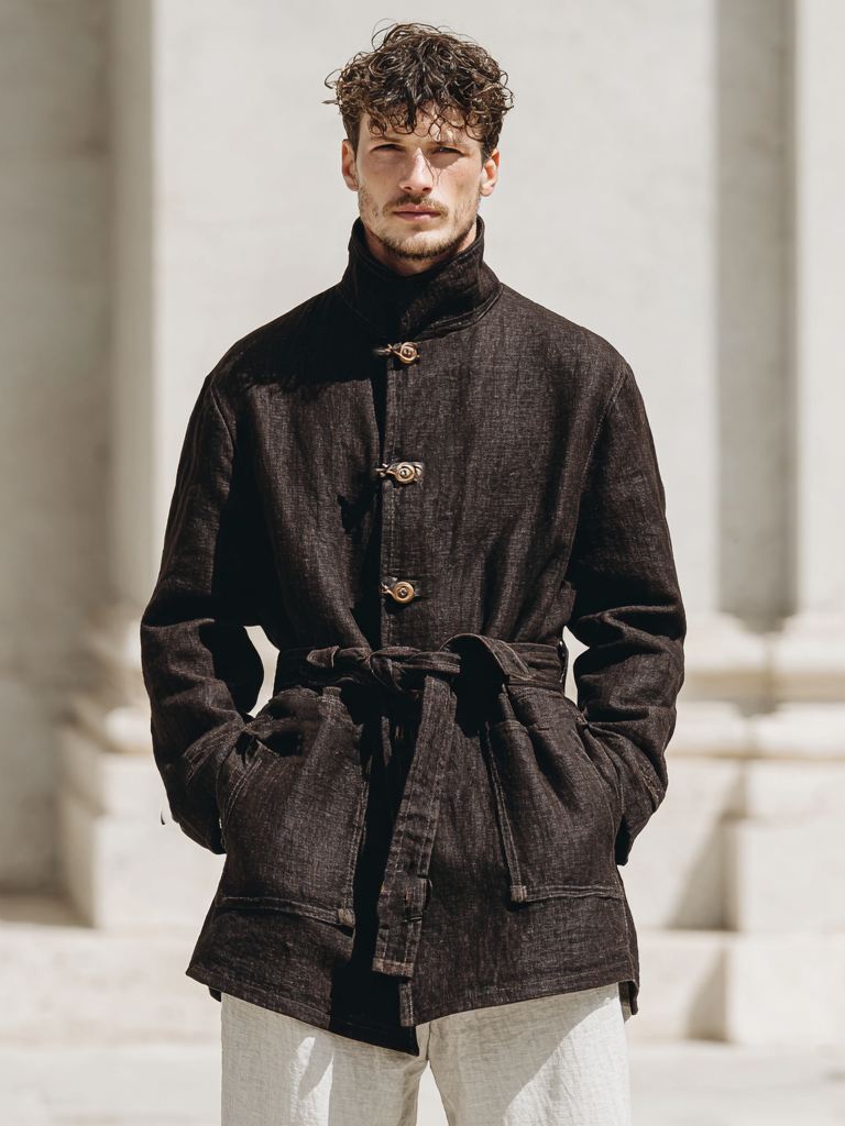 Men's linen stand-up collar button coat Men's linen stand-up collar button coat