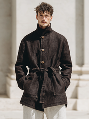 Men's linen stand-up collar button coat