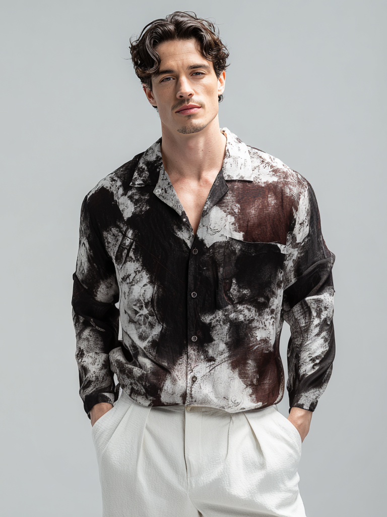 Men's casual linen tie-dyed printed shirt