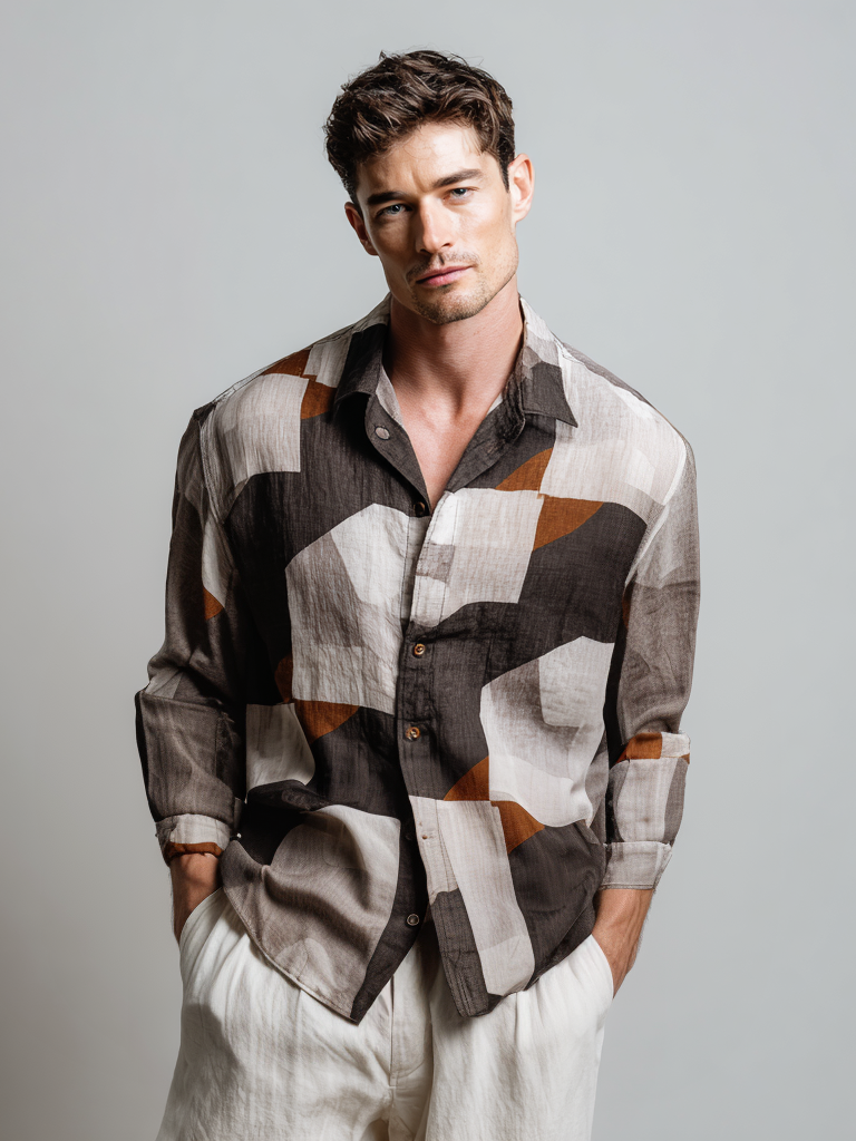 Men's casual linen geometric printed sleeveless shirt