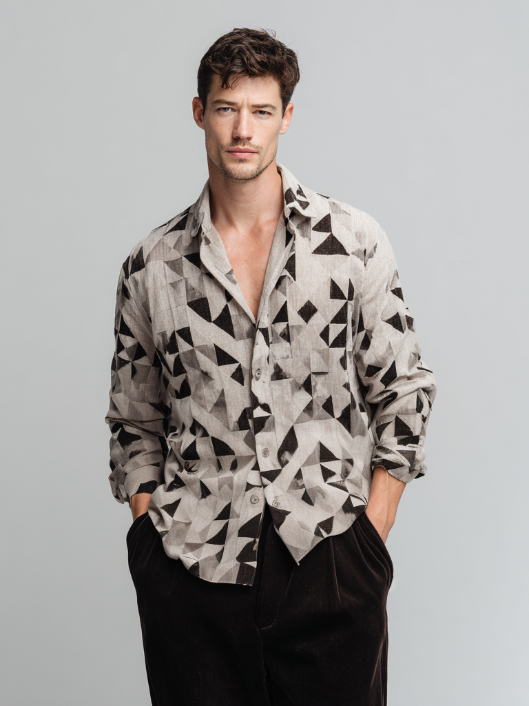 Men's casual linen geometric printed long-sleeved shirt Men's casual linen geometric printed long-sleeved shirt