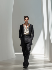 Completo da uomo alla moda con piccoli revers e motivo color-block