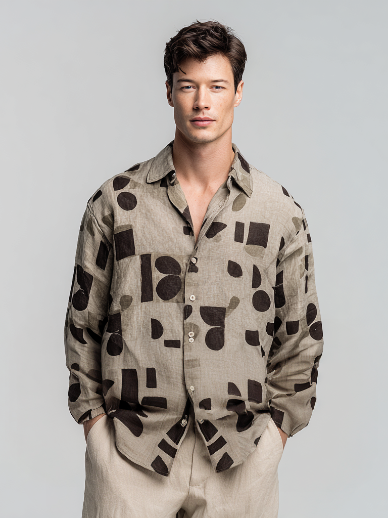 Men's cotton and linen geometric printed long-sleeved top Men's cotton and linen geometric printed long-sleeved top