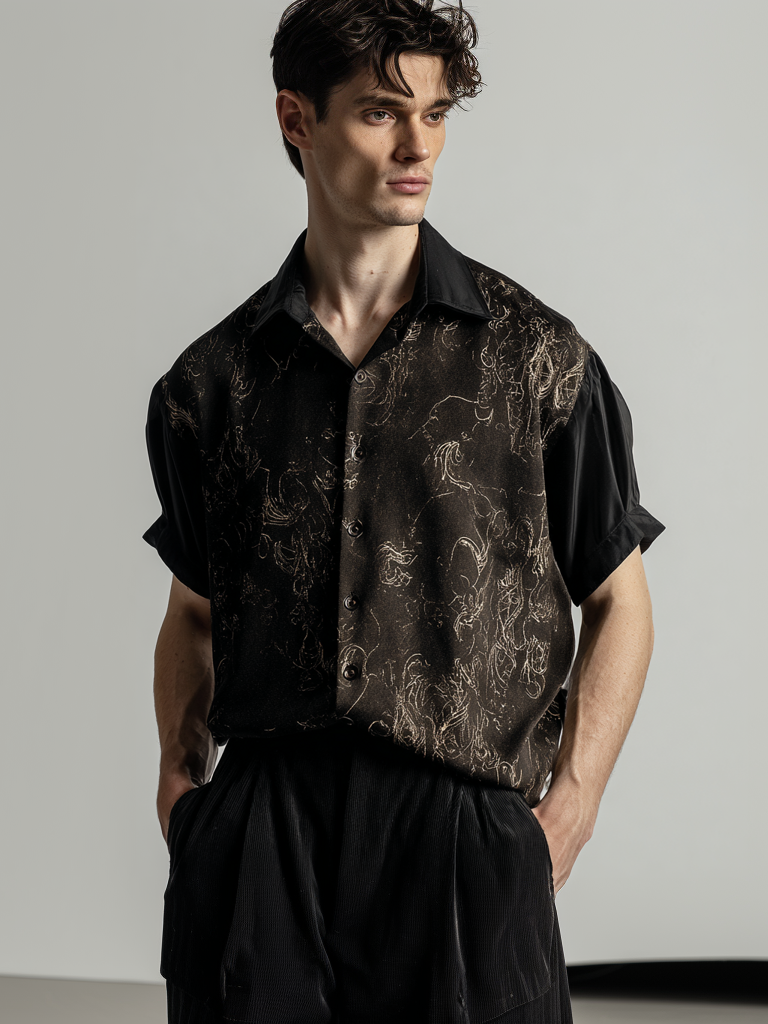 Men's linen and silk mixed print shirt Men's linen and silk mixed print shirt