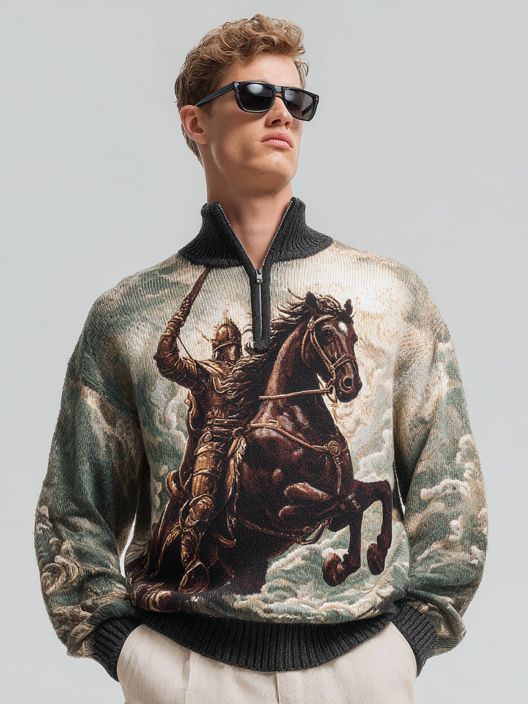 Men's zipped stand-up collar knitted knight print top Men's zipped stand-up collar knitted knight print top