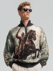 Men's zipped stand-up collar knitted knight print top