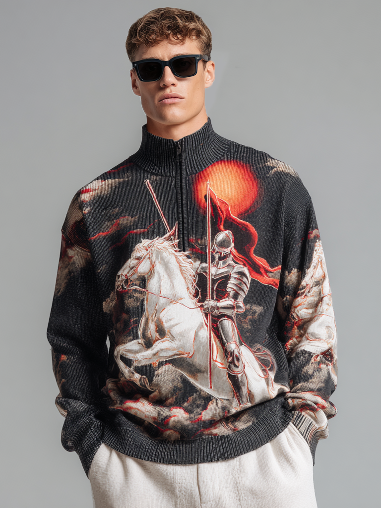 Men's zipped stand-up collar knitted knight print top