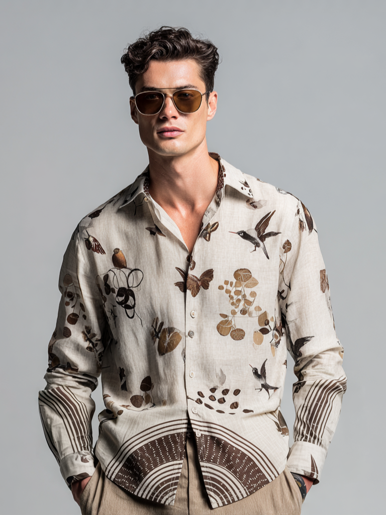 Men's long-sleeved top with plant and bird prints