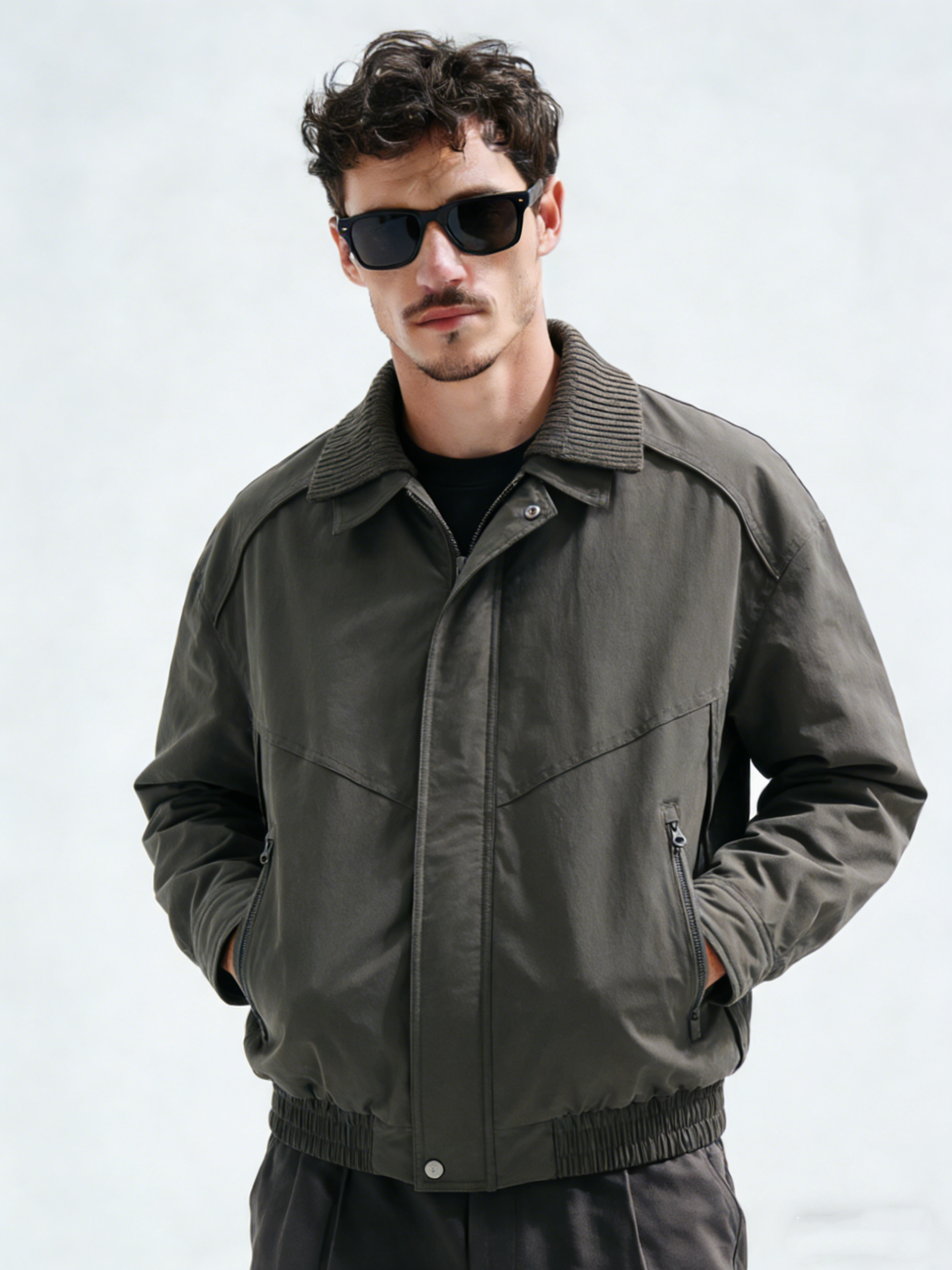 Double-layered collar threaded cotton jacket