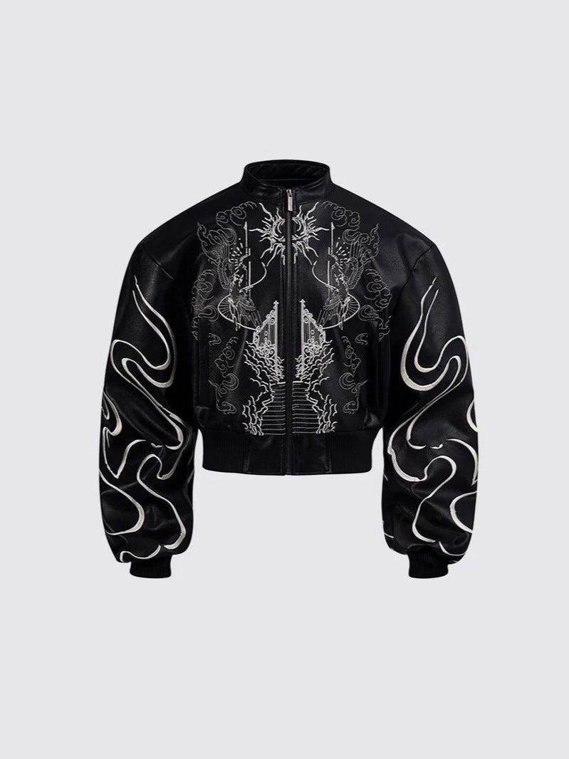 Short-sleeved embroidered leather stand-up collar coat