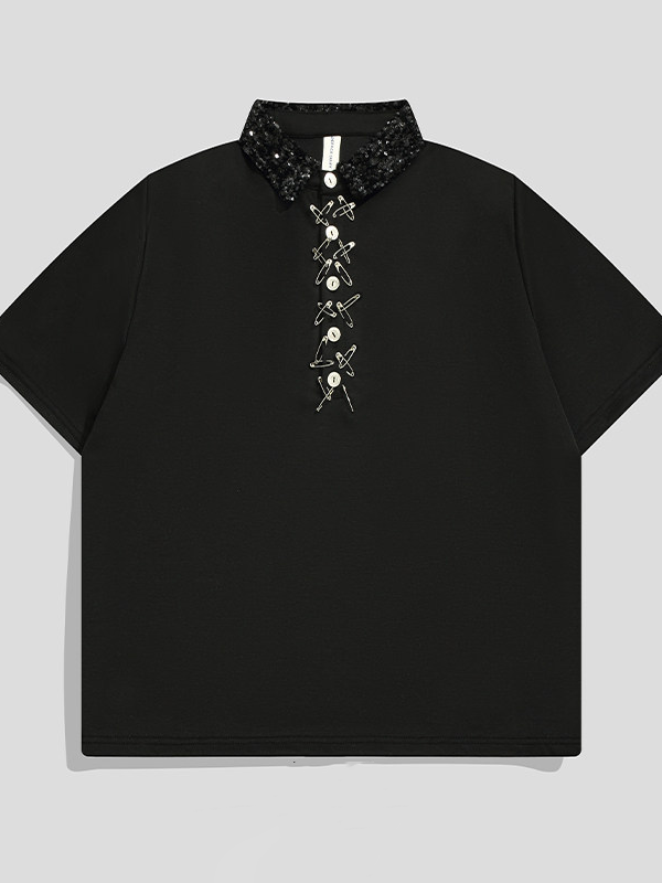 Sequined collar pin polo shirt