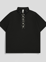 Sequined collar pin polo shirt