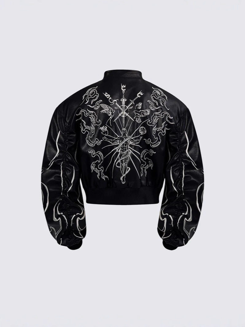 Short-sleeved embroidered leather stand-up collar coat