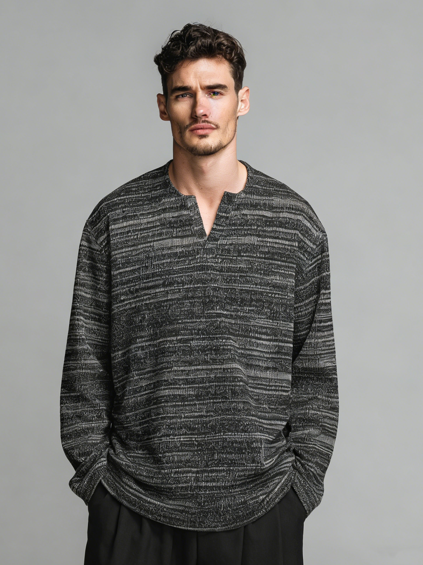 Black striped v-neck long-sleeved shirt
