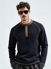 Retro round-neck button-up long-sleeve T-shirt