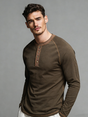 Retro round-neck button-up long-sleeve T-shirt