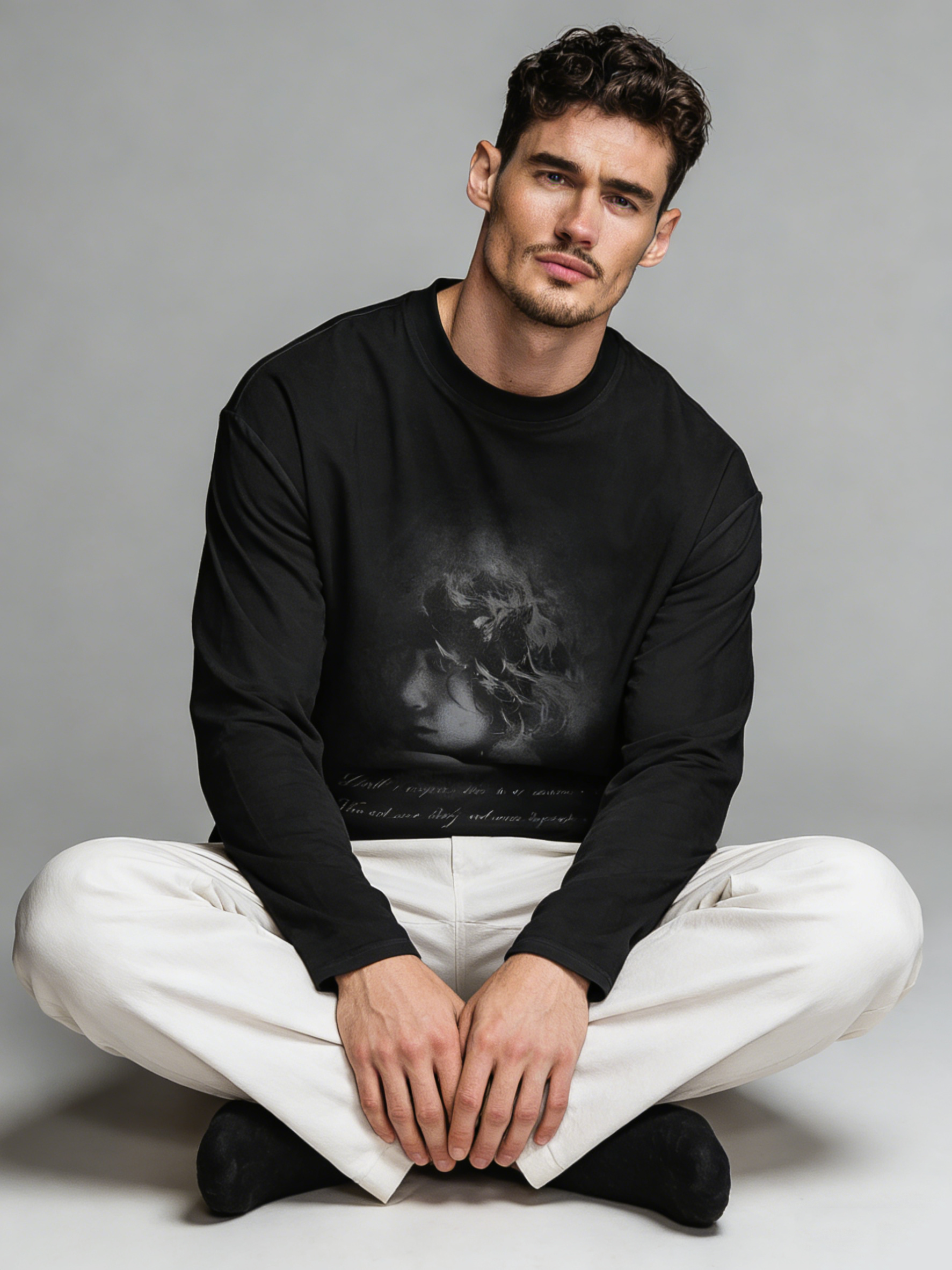 Ancient portrait printed long-sleeved T-shirt