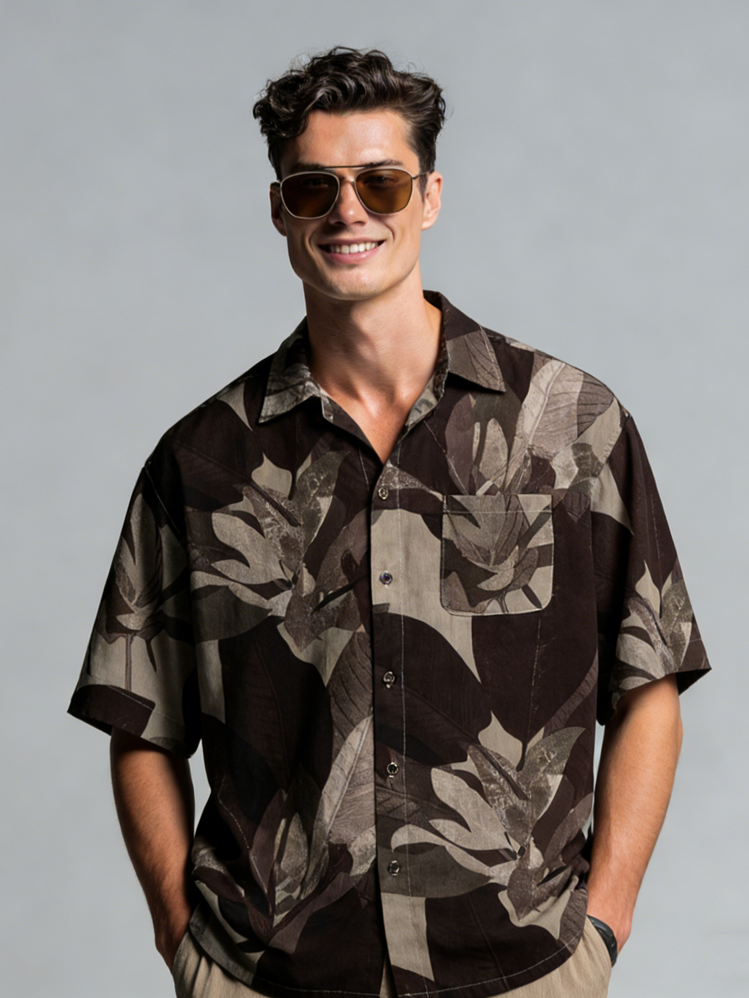 Collared linen short-sleeved shirt