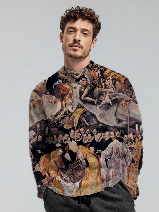 Men's linen printed long-sleeved pullover stand-up collar top