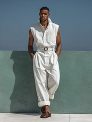 White Stylish Cargo Sleeveless Stand Collar Jumpsuit