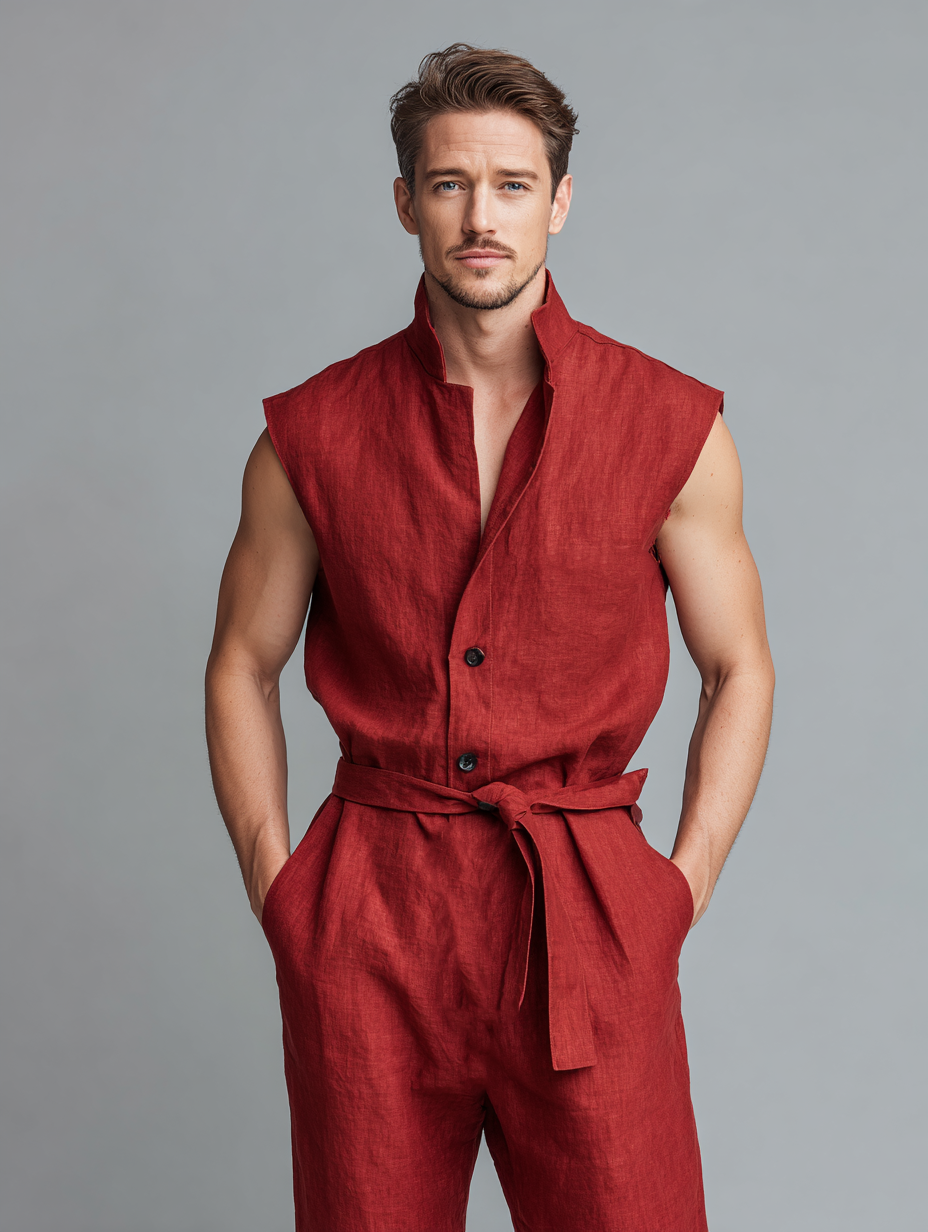 Men's Cotton-Linen Sleeveless Jumpsuit with Stand Collar