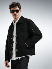 An airplane-themed retro suede coat