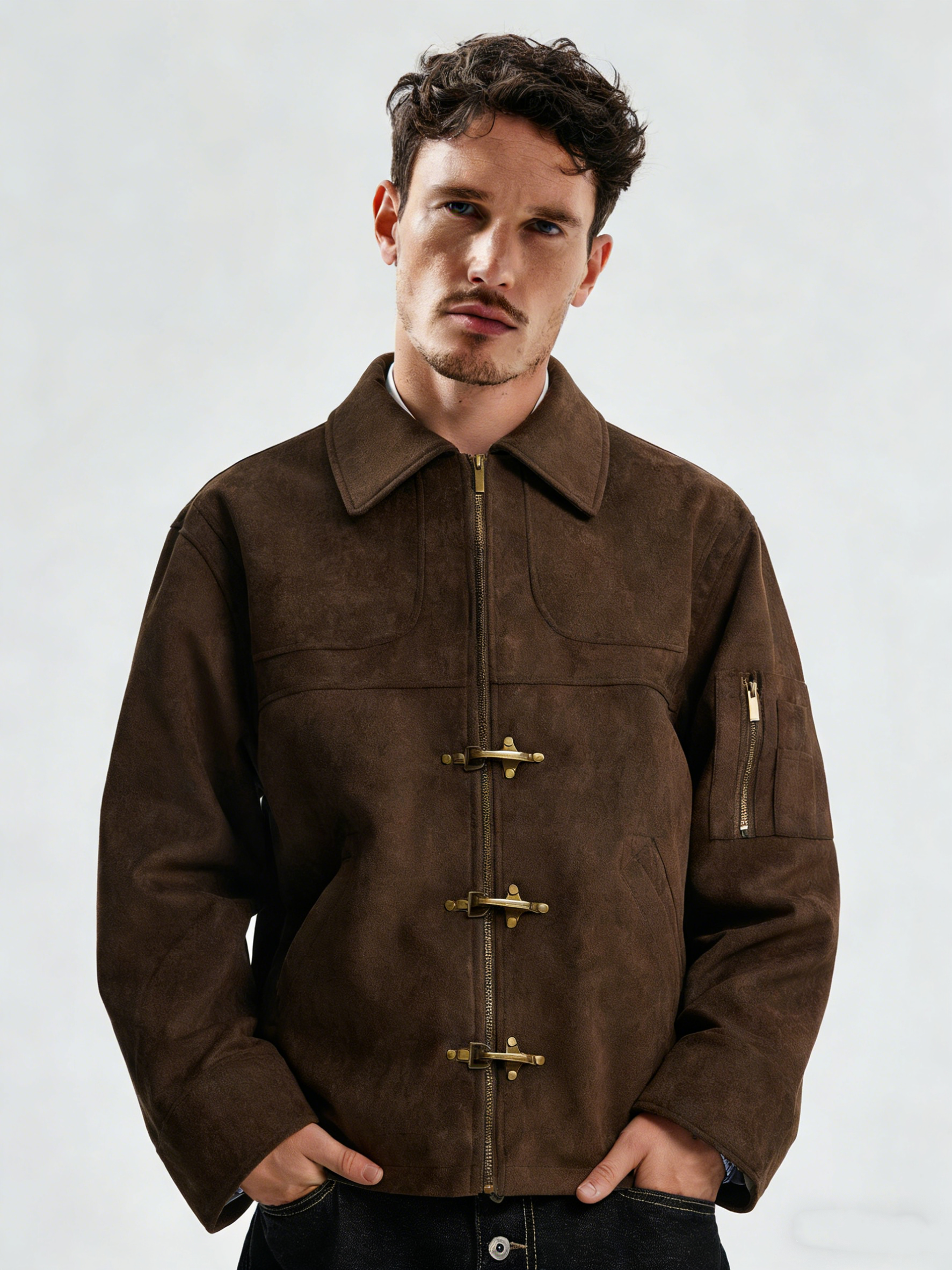 An airplane-themed retro suede coat
