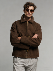 An airplane-themed retro suede coat