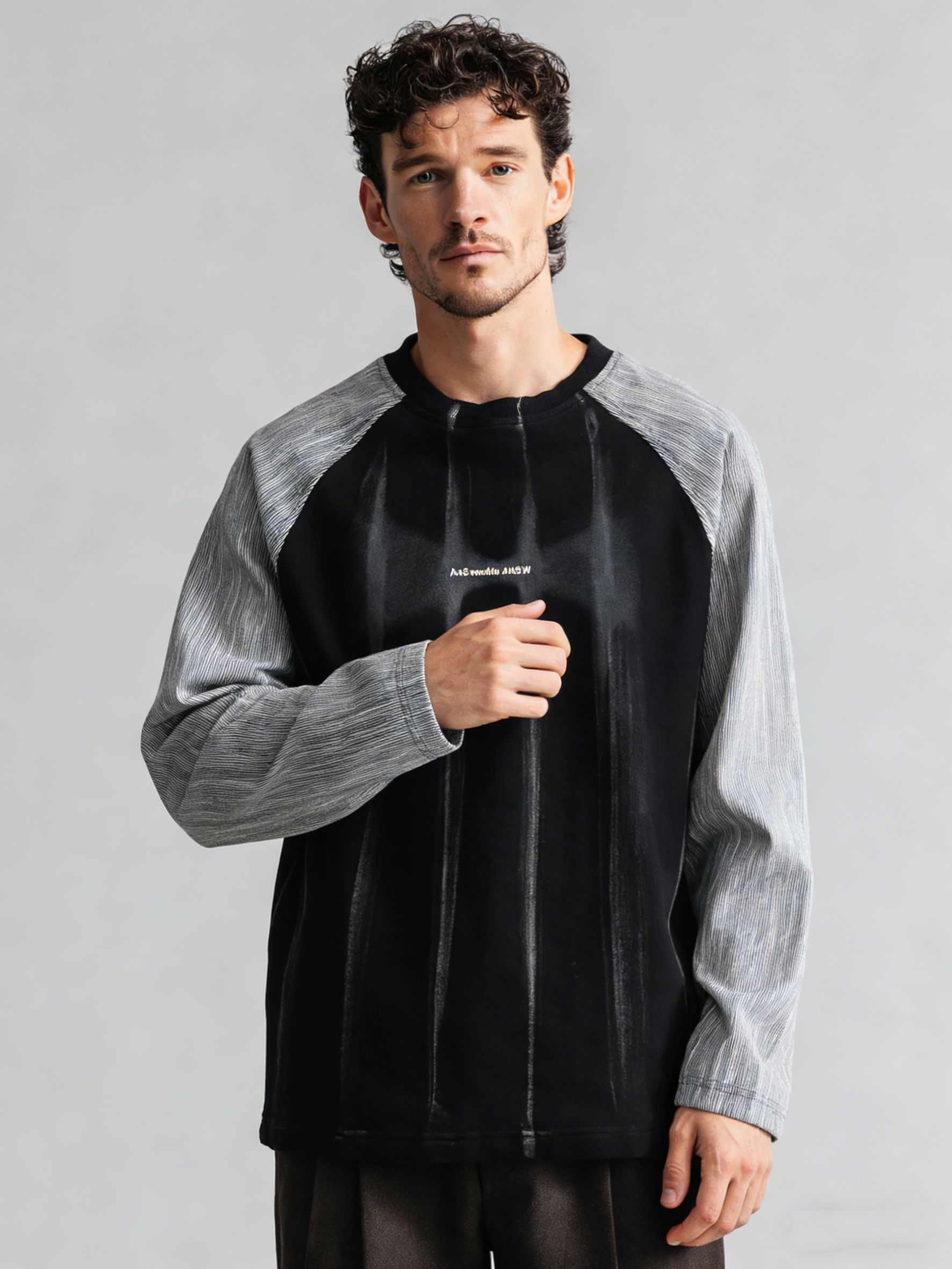 Patchwork washed stripe printed long-sleeved top