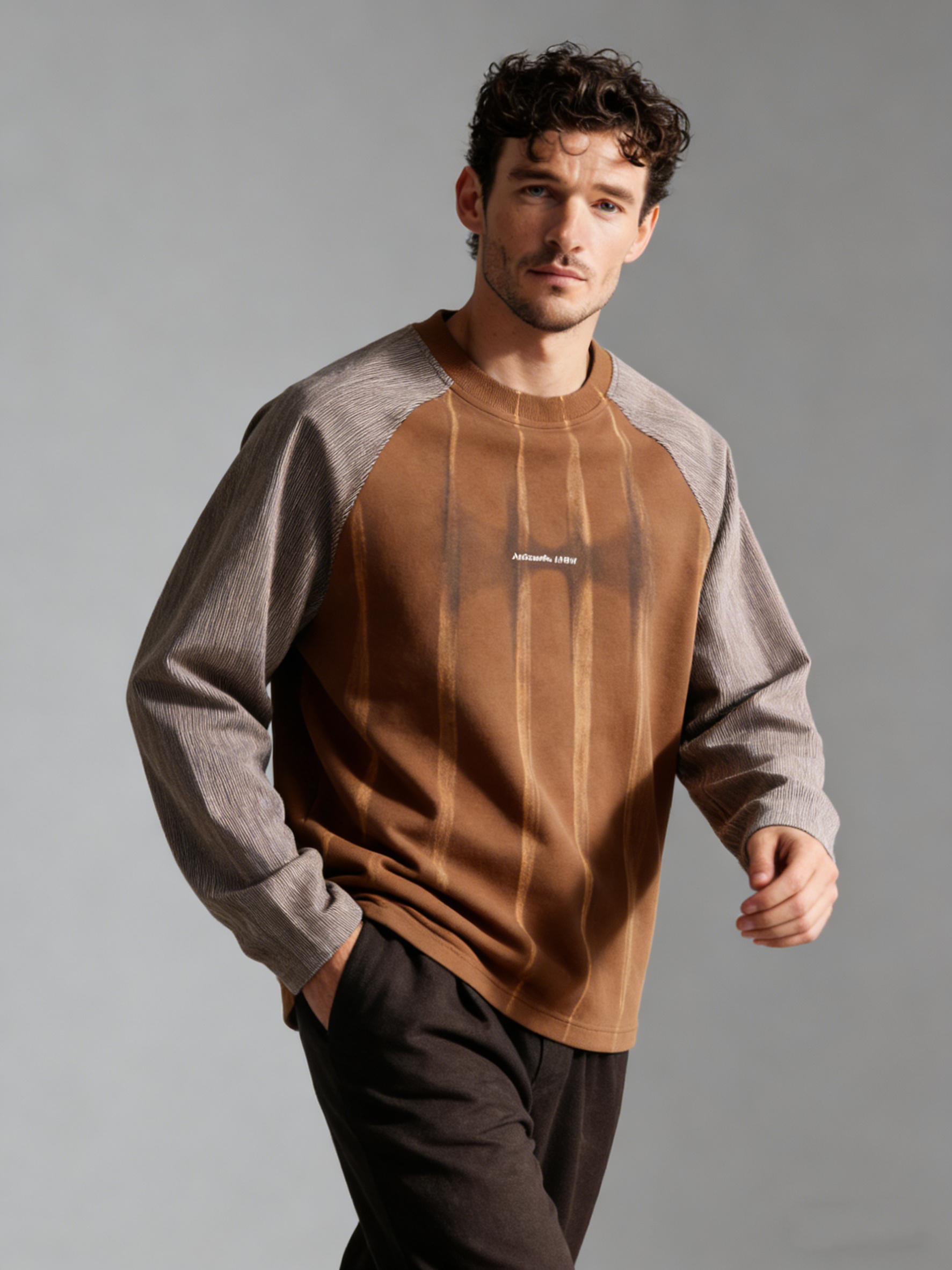 Patchwork washed stripe printed long-sleeved top