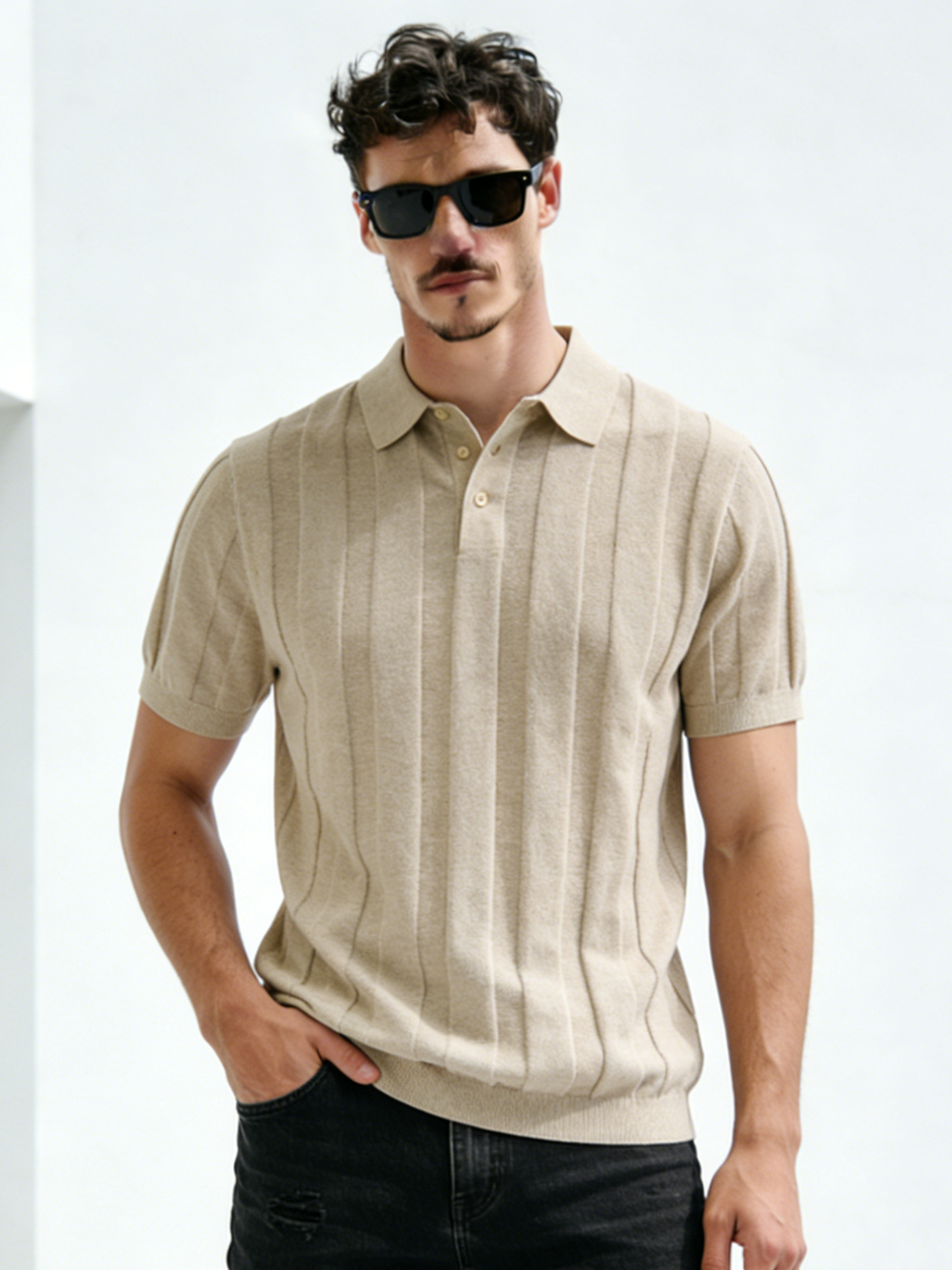 Linen blended jacquard collar T-shirt