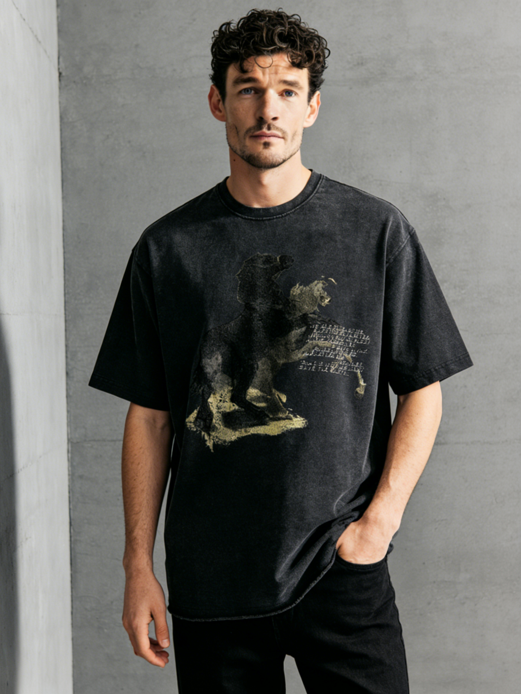 Worn-out washed water-based printed T-shirt