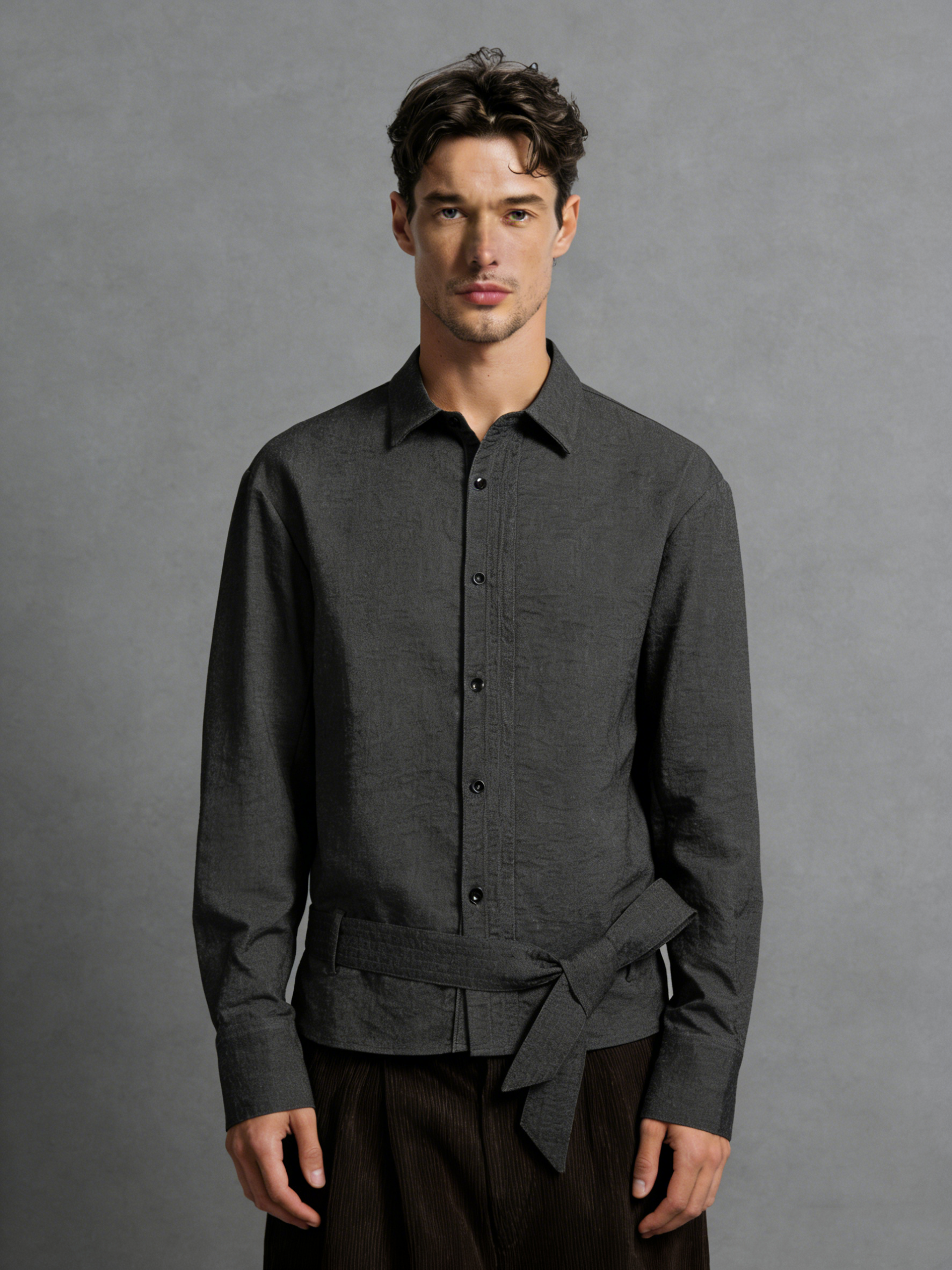 Exquisite linen-coated raw denim ribbon shirt