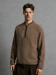Waffle-knit half-zip stand-up collar long-sleeved top