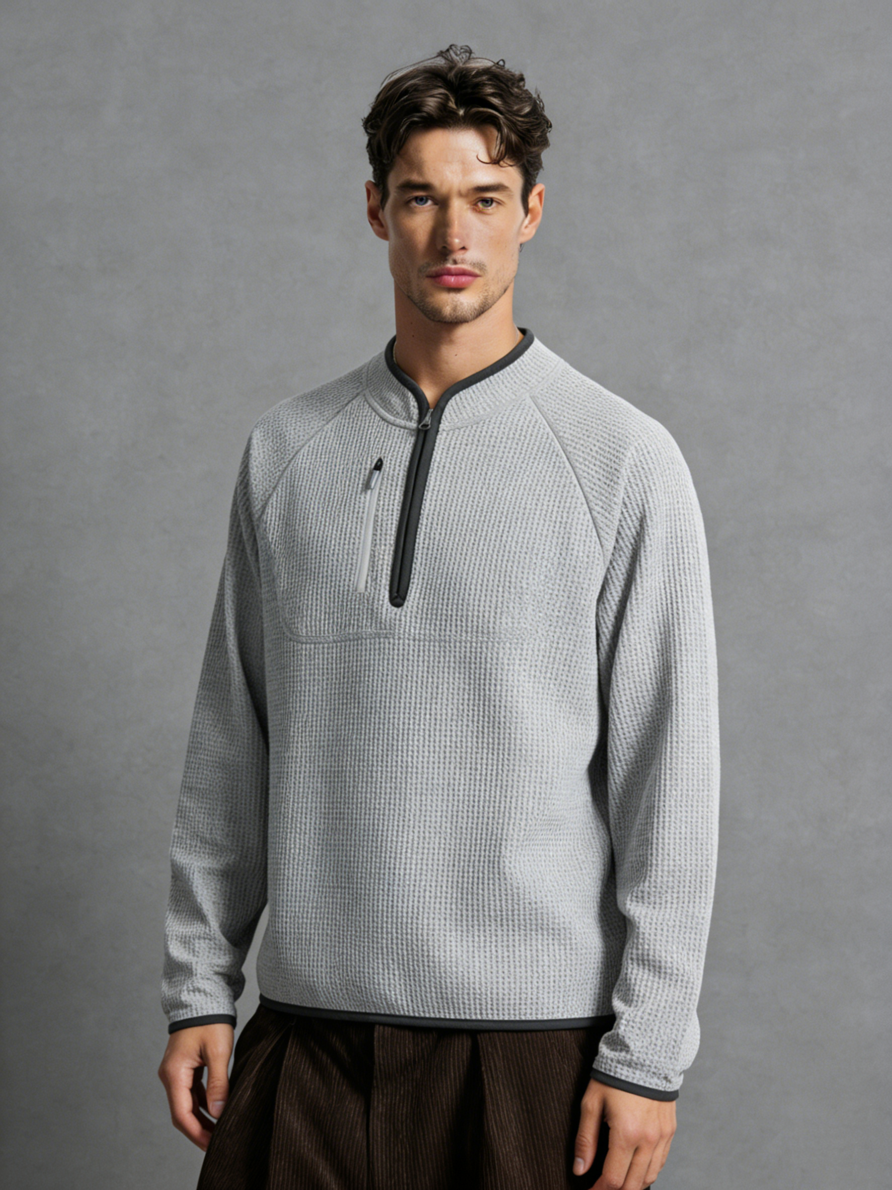 Waffle-knit half-zip stand-up collar long-sleeved top